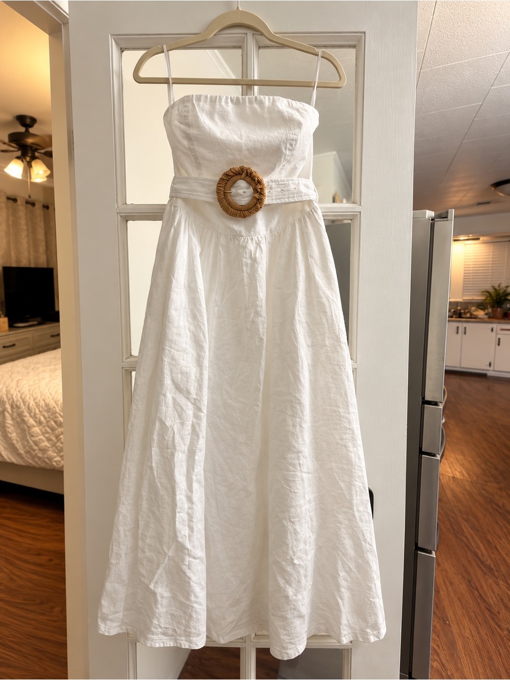 COMMENSE Strapless Cotton Linen Belted Maxi Dress – White – Small – NWT